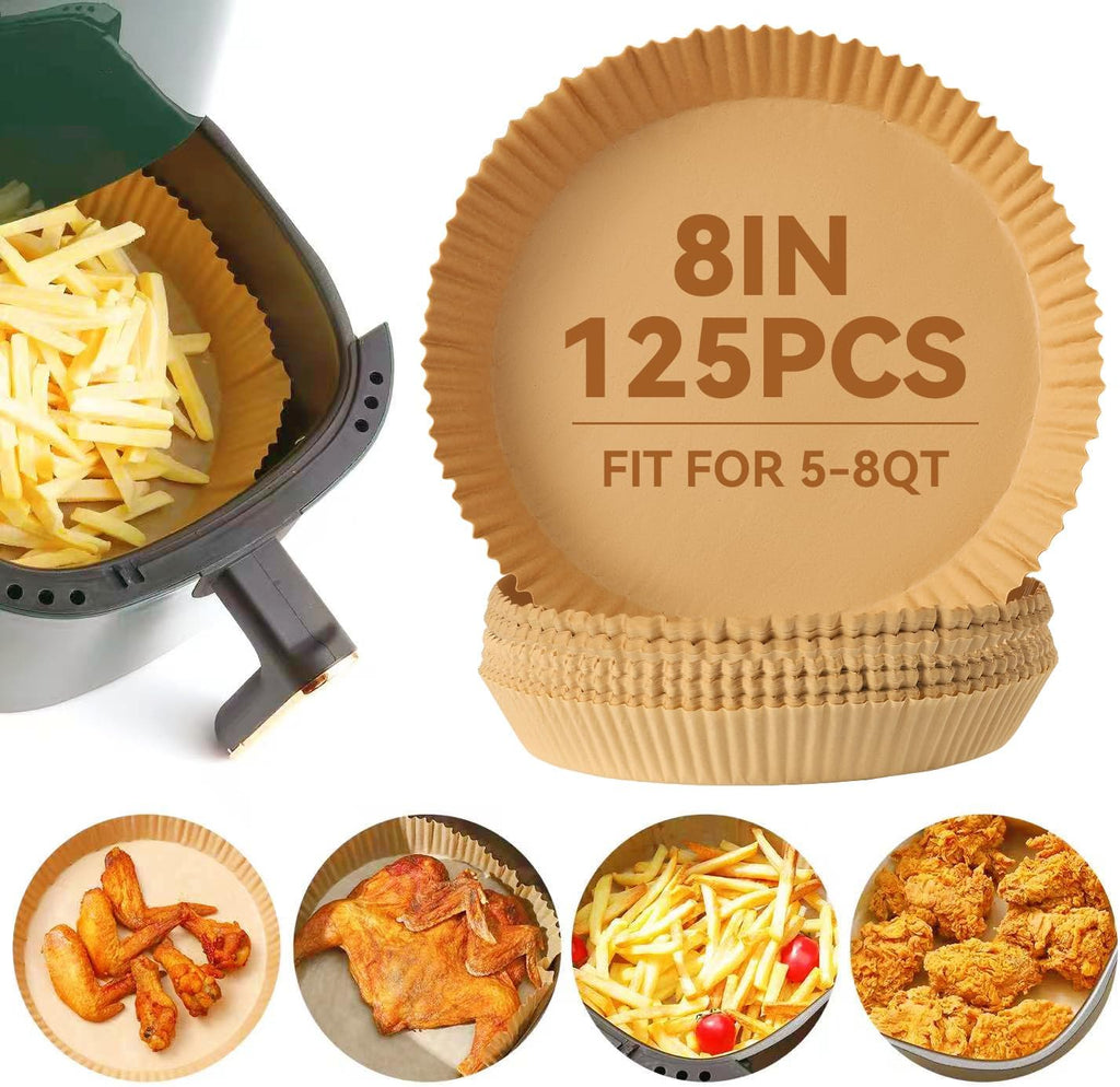 125Pcs 8 inch Round Disposable Air Fryer Parchment Liners-Non-Stick Parchment Sheets for Air Fryer Basket Microwave – Oil-proof, Water-proof, Effortless Cleanup for Baking