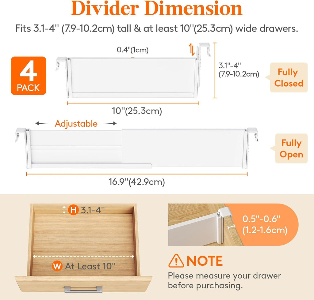 Lifewit Hanging Kitchen Drawer Dividers 3.1" High, 10-17" Adjustable Drawer Organizers for Utensils, Expandable Dresser Separators in Kitchen/Bedroom/Bathroom/Vanity/Office, White(4 Pack)