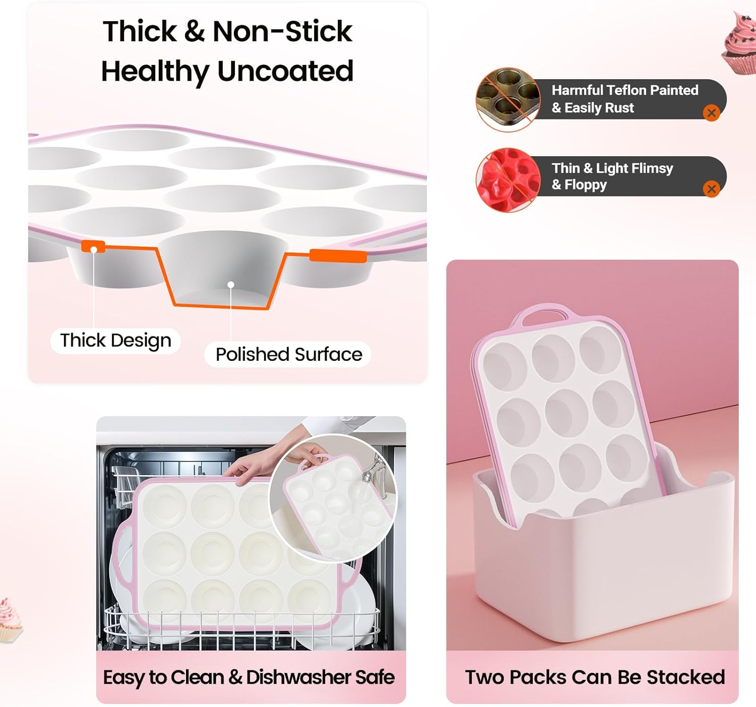 Silicone Muffin Pans for Baking 2 Pack, 2.6 Inch with Metal Reinforced Frame, Regular Size Nonstick Silicone Cupcake Pan for Baking Homemade Muffins, Cupcakes, Dishwasher Safe BPA Free-Pink