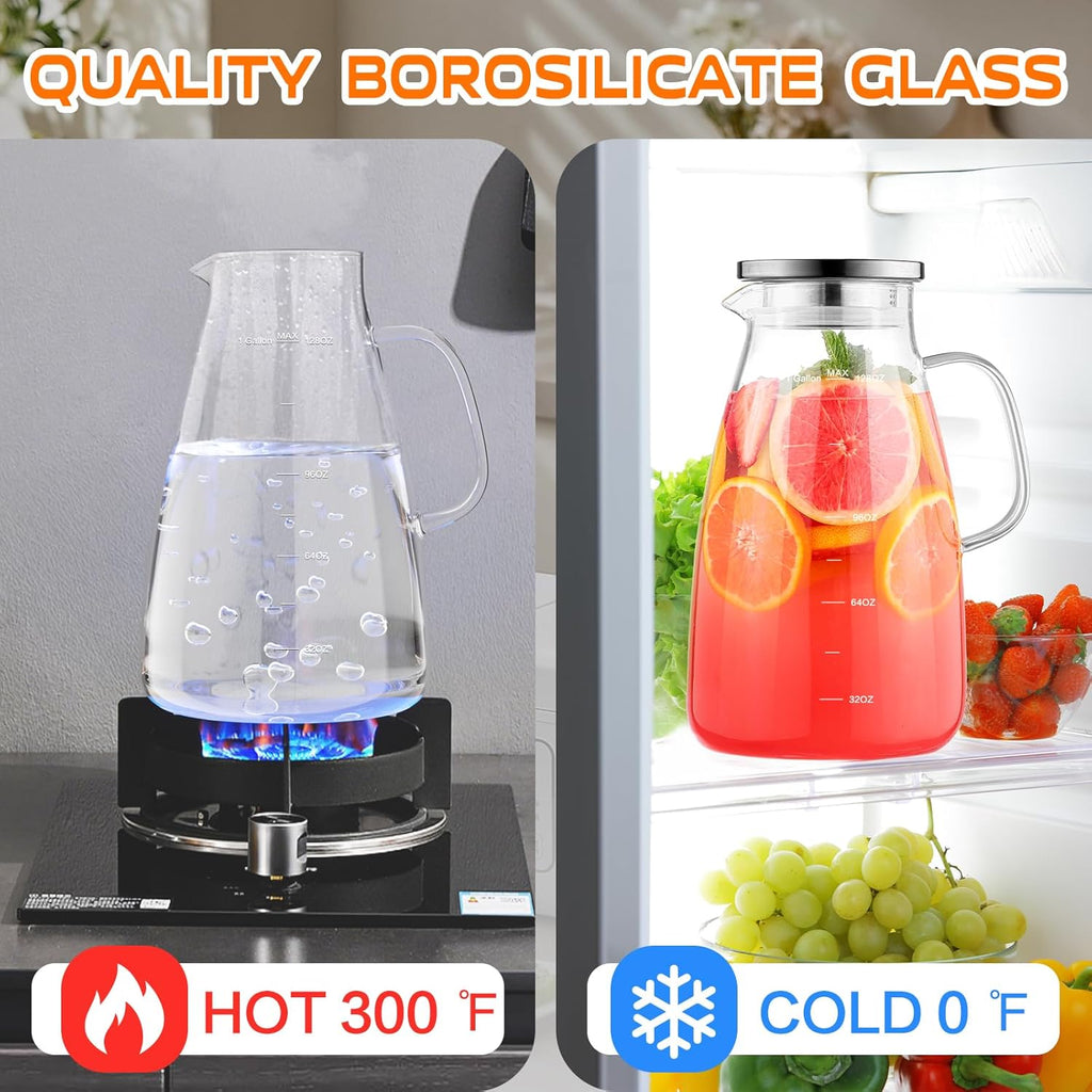 1 Gallon 128oz Glass Pitcher, Water Pitcher with Lid and Spout, Glass Carafe for Hot/Cold Drink, Water Jug for Iced Tea, Coffee, Juice, Milk, Beverage (Extra-Wide Mouth)