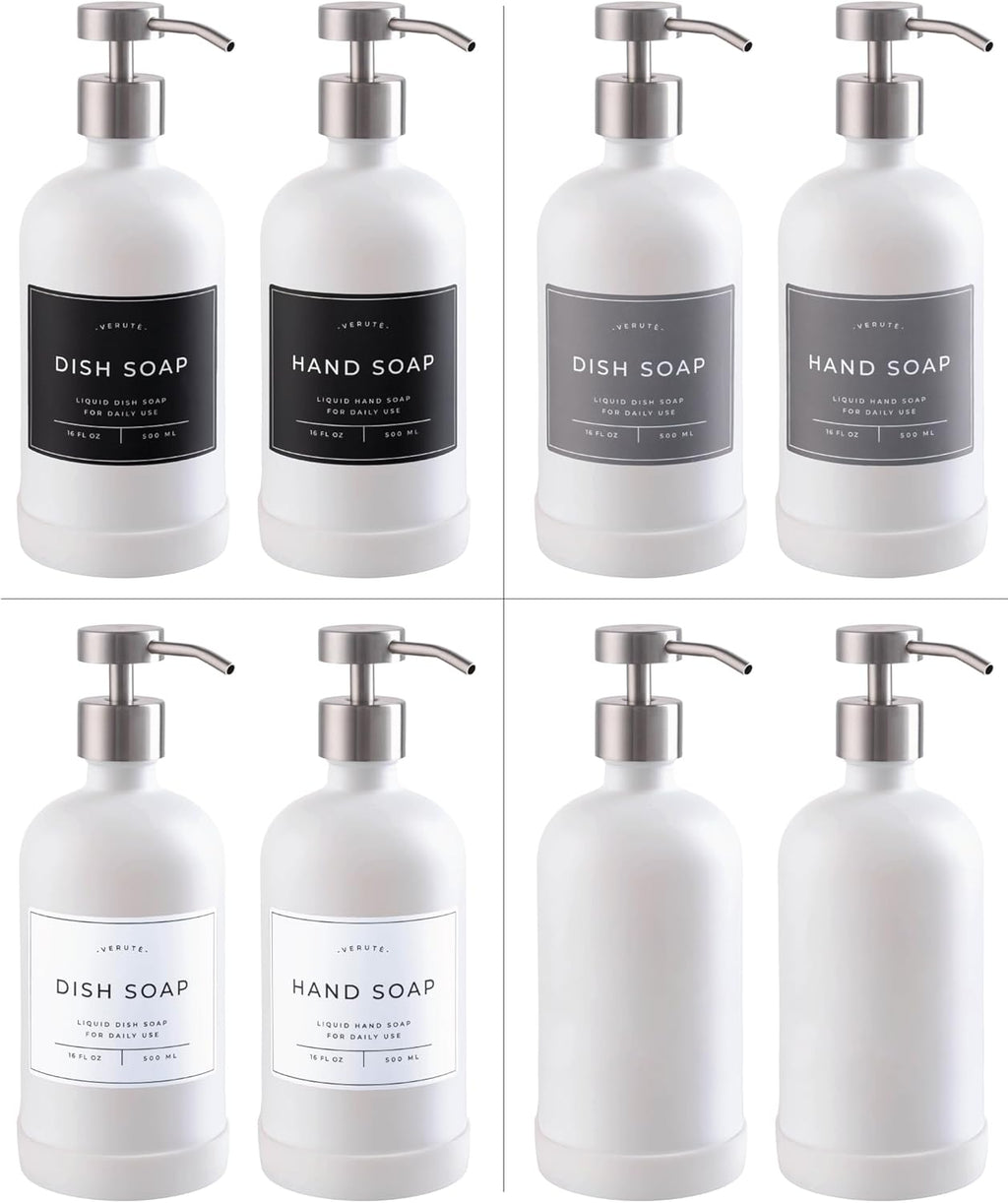 16oz Glass Soap Dispenser with Stainless Steel Pump, 21 Waterproof Labels, Non-Slip Protective Silicone Pad, Set of 2 for Bathroom & Kitchen (Matte White Bottle/Brushed Silver Pump)
