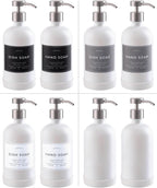 16oz Glass Soap Dispenser with Stainless Steel Pump, 21 Waterproof Labels, Non-Slip Protective Silicone Pad, Set of 2 for Bathroom & Kitchen (Matte White Bottle/Brushed Silver Pump)