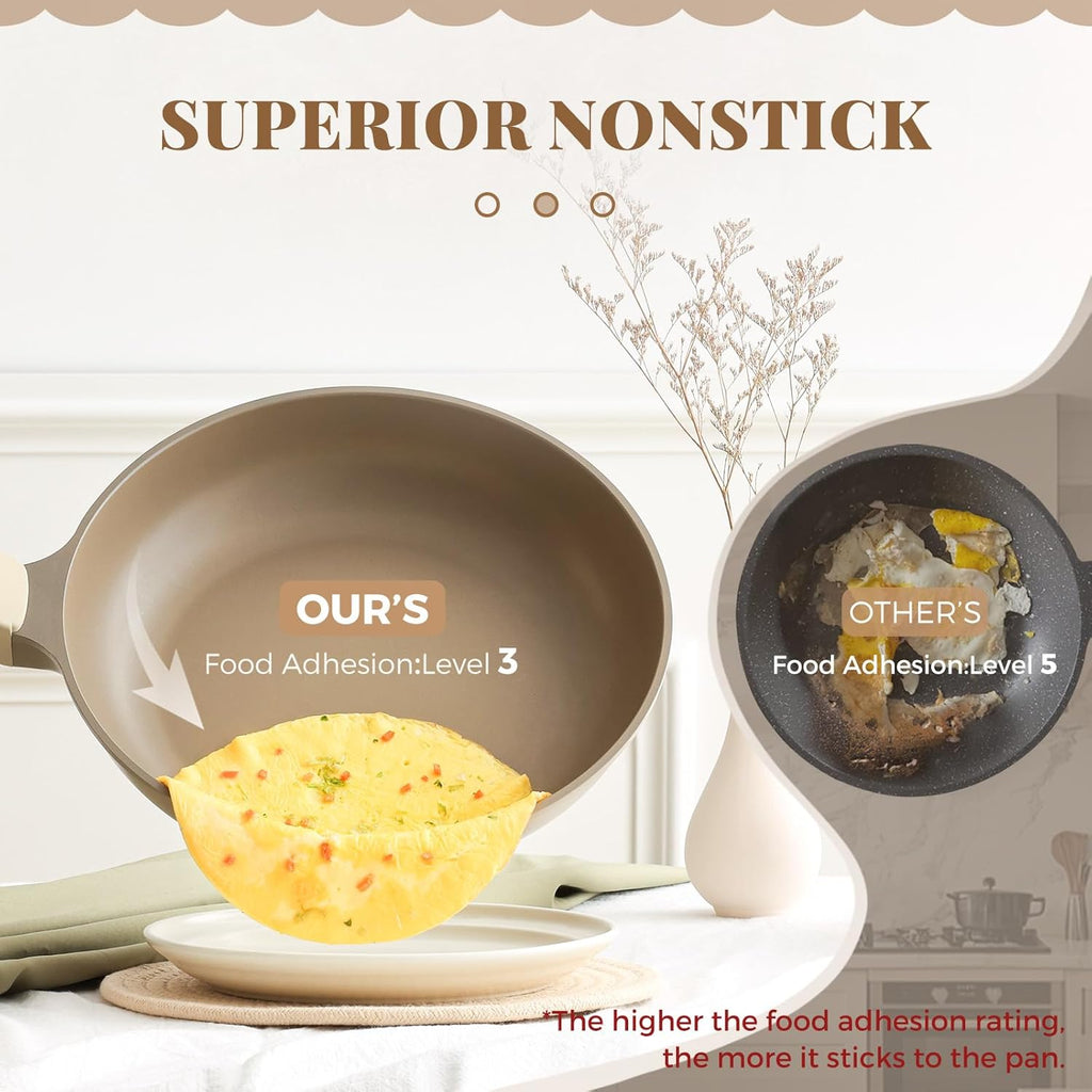 Nonstick Deep Frying Pan with Glass Lid, 10 Inch (3.2 qt), 5X Durable Nonstick Sauté Pan, Scratch & Stain Resistant, PFOA Free, Induction Compatible, Dishwasher & Oven Safe, Natural Linen