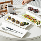 Rectangular Ceramic Serving Platters Set of 4, 14 inch Large Porcelain Serving Plates, White Appetizer Trays, Dishwasher Safe Plates for Steak, Charcuterie, Thanksgiving Turkey, Desserts