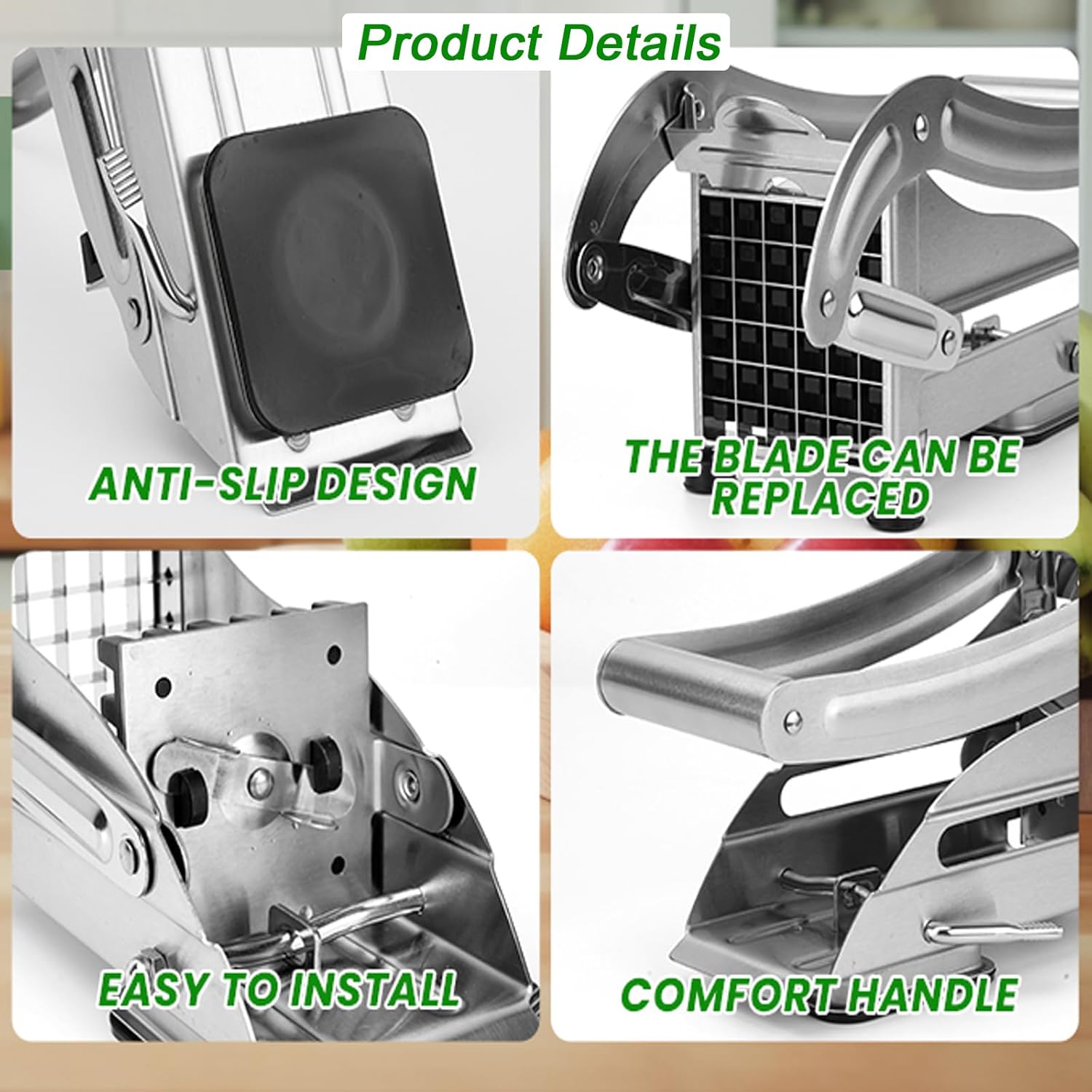 French Fry Cutter, 2-blade Potato Slicer Strong No-Slip Suction Base Stainless Steel French Fry Cutter with 1 Peeler, Perfect for Potatoes, French Fries, Cucumber,Vegetables Carrot
