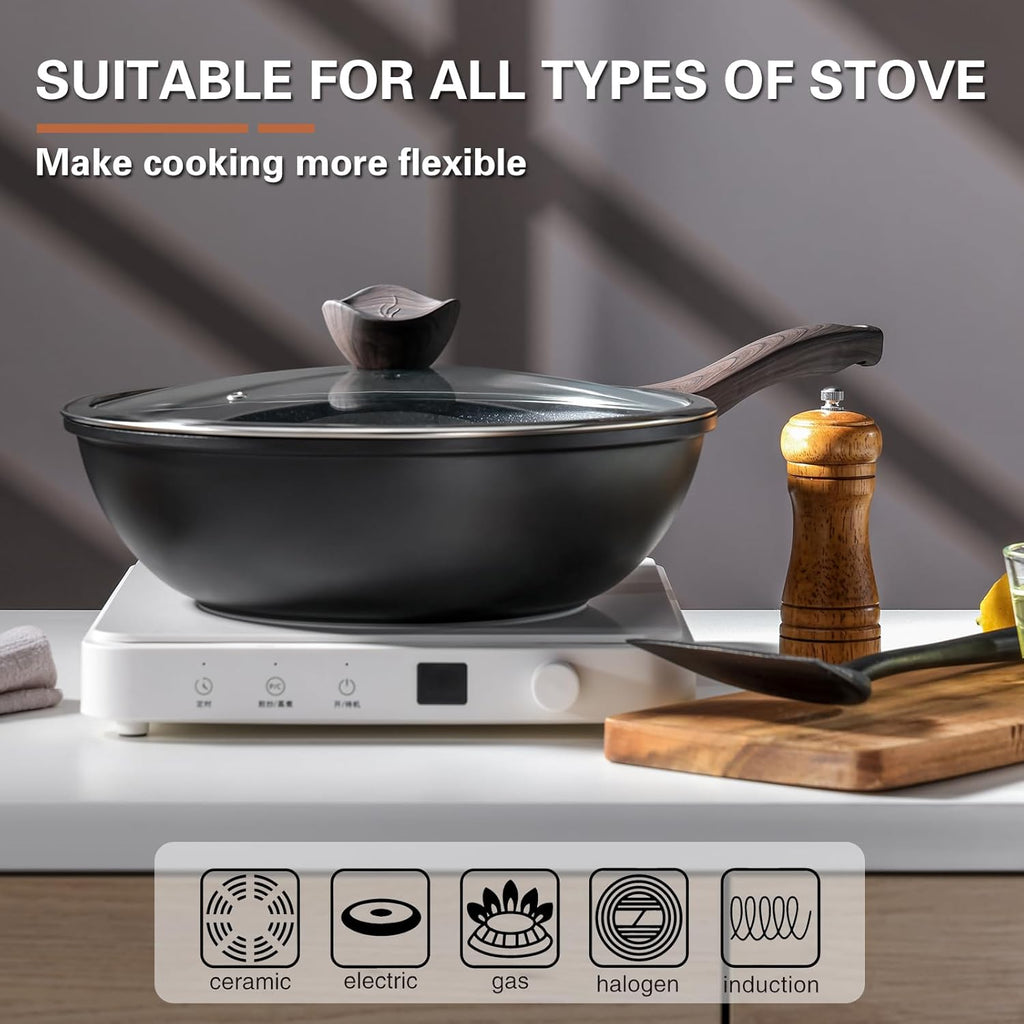 Nonstick Wok with Lid, 12 Inch Woks & Stir-fry Pans, Granite Stone Coating for Cooking, Induction Cookware, Compatible with All Stovetops, PFOA Free