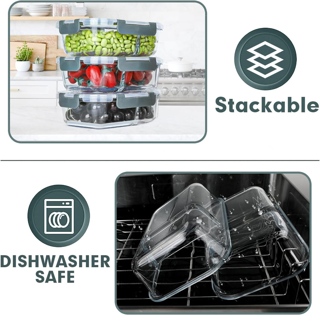 VERONES 10 Pack Glass Meal Prep Containers 2 Compartment Set, 30 OZ Airtight Glass Lunch Containers, Glass Food Storage Containers with Lids, for Microwave, Oven, Freezer & Dishwasher Friendly，Grey