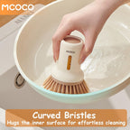 Dish Brush Set with Soap Dispensing Palm Brush Dish Scrub Brush with Soap Dispenser Palm Dish Brush Kitchen Cleaning Brush with Ergonomic Long Handle for Cleaning Sink, Pot, Pan, Stove, Yellow