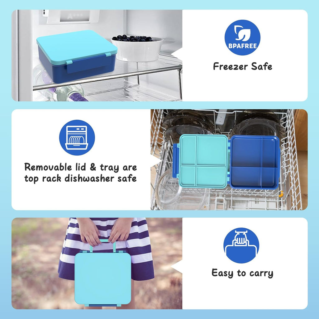 Bento Lunch Box with 8oz Soup Thermo, Leak-Proof Lunch Containers with 4 Compartment, Thermo Hot Food Jar and Insulated Lunch Box for School Blue
