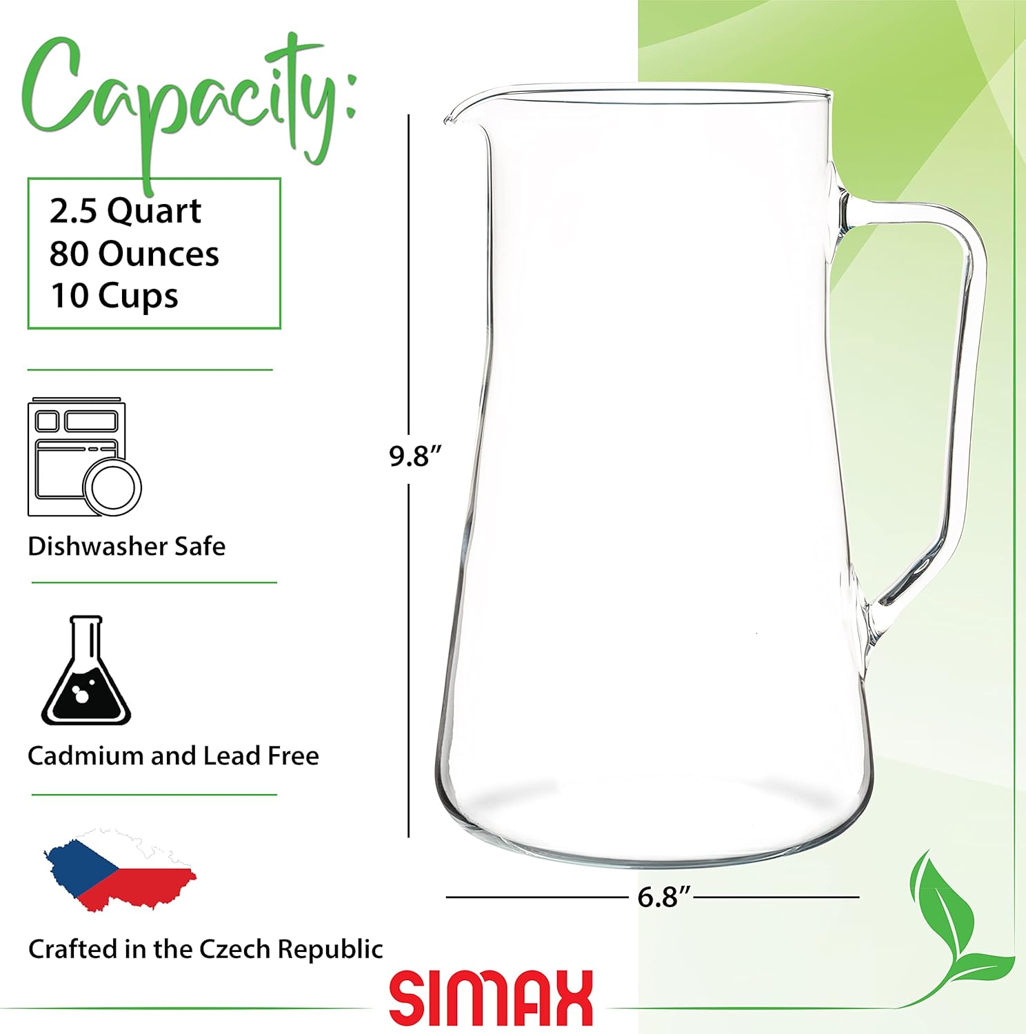 Simax Large Glass Pitcher With Spout, 2.5 Quart (80 Ounce) Borosilicate Glass Iced Tea Pitchers with Handle, Angled Cylinder Design, Glass Water Pitcher,