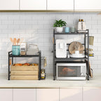 DOLALIKE Microwave Oven Rack, Expandable Microwave Stand Countertop Kitchen Utensils Tableware Storage, Carbon Steel Over Microwave Shelf Countertop with 6 Hooks