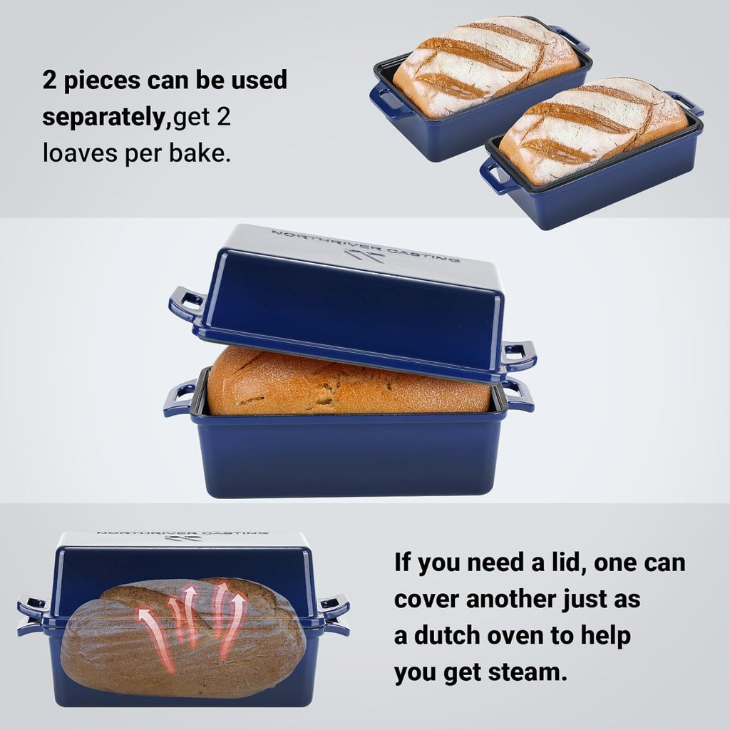 2 in 1 Enameled Cast Iron Bread Pan with Lid, Perfect Bread Oven, Loaf Pans for Baking Homemade Sourdough Bread 9x5, 2 Piece set, Navy Blue