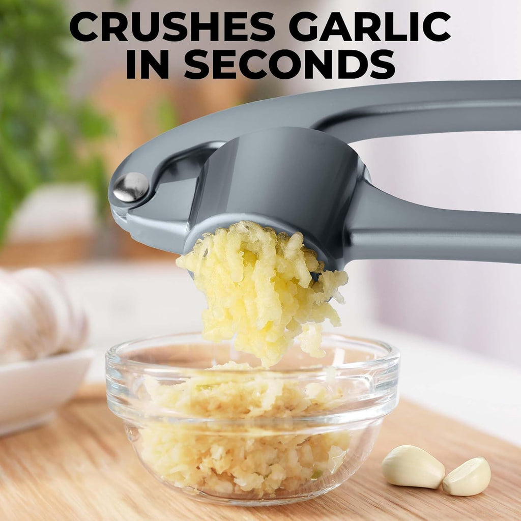 Zulay Kitchen Large Premium Garlic Press Set - Bigger Bowl for Bigger Garlic - Rust Proof & Dishwasher Safe Garlic Mincer Tool - Easy-Squeeze, Easy-Clean Silicone Garlic Peeler & Brush (Slate)