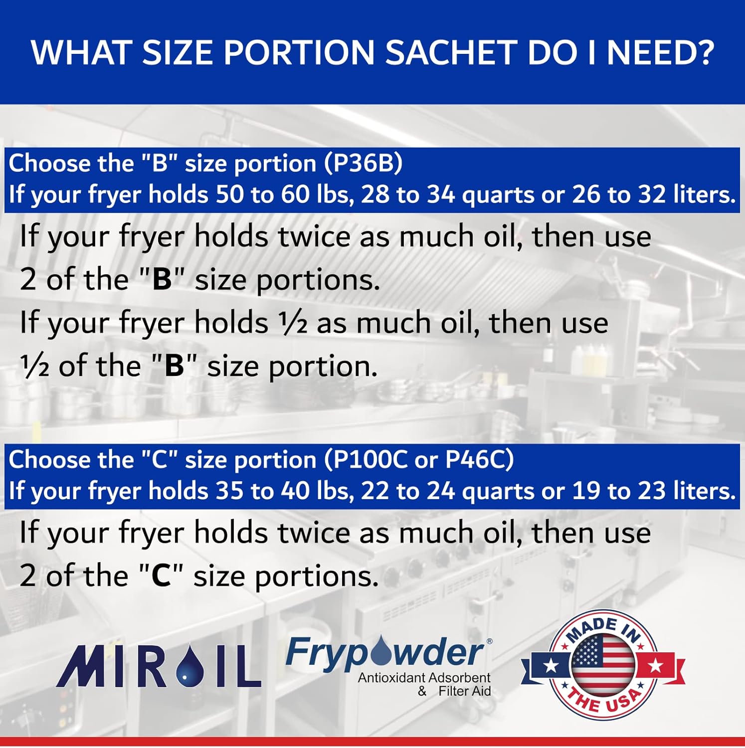 MirOil P46C Fry Powder Oil Stabilizer and Filter Aid, 46 x Size C Portion Pack(160ML Each) Fry Powder, Food Centers Cook Hotter, Deep Fryer Cooking Oil Saver Helps Save Grease & Remove Carbon Deposits
