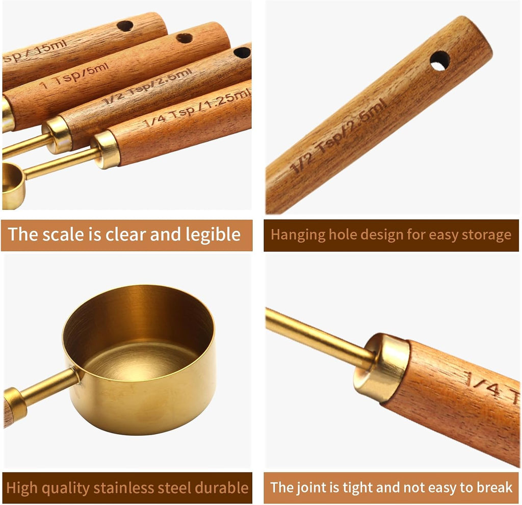 Gold Measuring Cups and Spoons Set of 4, Golden Stainless Steel Measuring Cups with Wooden Handles brass Measuring Spoons Set for Baking Supplies