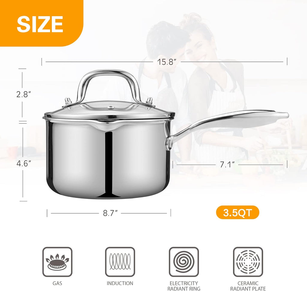 Tri-Ply Stainless Steel Sauce Pan with Steamer Basket & Straining Glass Lid — Heavy-Duty,Thick Base,Rust-Resistant,Warp-Free —100% Food-Grade —Built to Last– Works with All Stovetops, Pasta Pot 3.5 QT