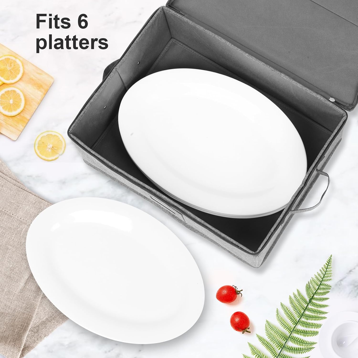 Platter Storage Case, China Storage Containers Hard Shell 17" x 13" x 6", 5 Felt Dividers Included, Structured Top and Stackable (Linen Grey)