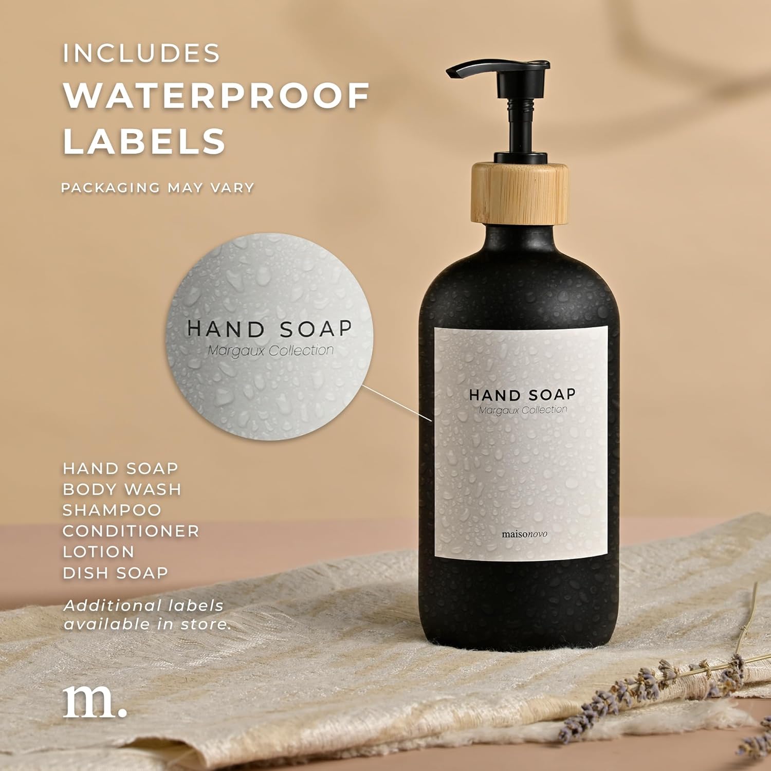 MaisoNovo Glass Hand Soap Dispenser | Dish Soap Dispenser for Kitchen | 16.9oz Black Bottles with Black Bamboo Pump | Bathroom Lotion Dispenser