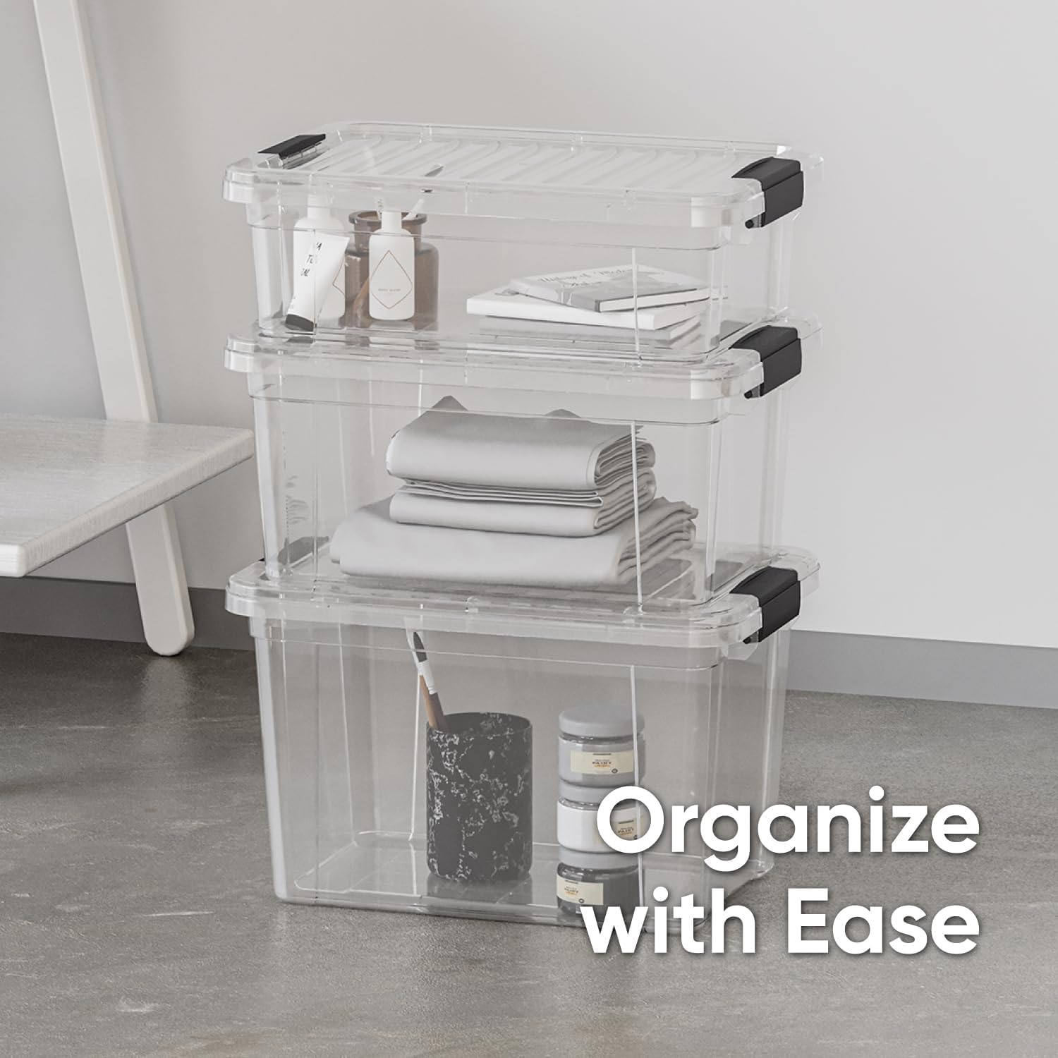 Superio Clear Storage Boxes with Lids, 4.75 Quart Plastic Container Bins for Organizing, Stackable Crates, BPA Free, Non Toxic, Odor Free, Organizers for Home, Office and Dorm, 4 Pack