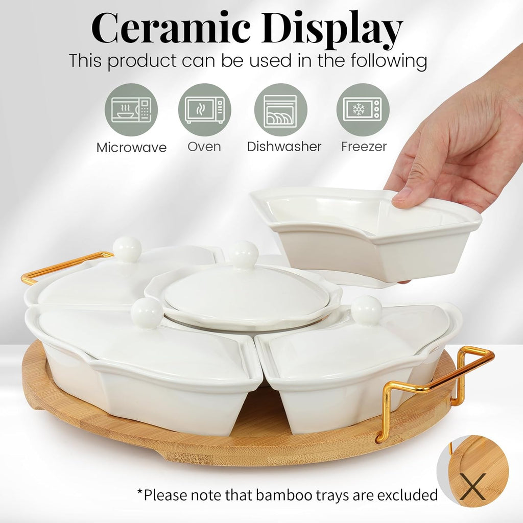 Party Serving Trays and Platters, Ceramic Lazy Susan Serving Tray with Divided Sections Appetizer Rotating Serving Tray for Fruits, Veggies, Chips and Dip Serving Set