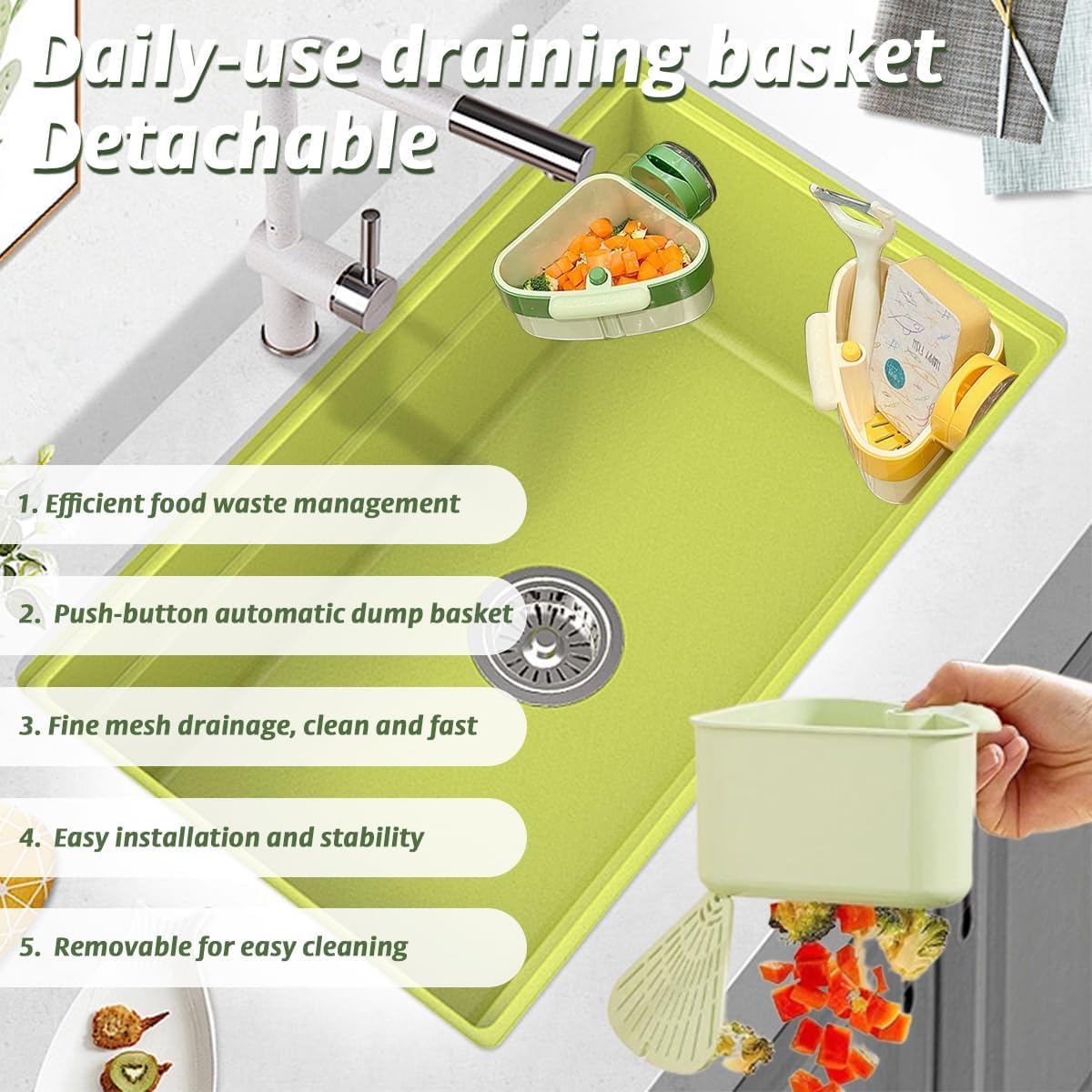 Suction Cup Sink Corner Rack, 2025 Upgraded Self-Cleaning Sink Strainer Basket, Removable Food Waste Catcher with Drain Hole, Say Goodbye to Gross Food Scraps and Smelly Sinks (Mixed)