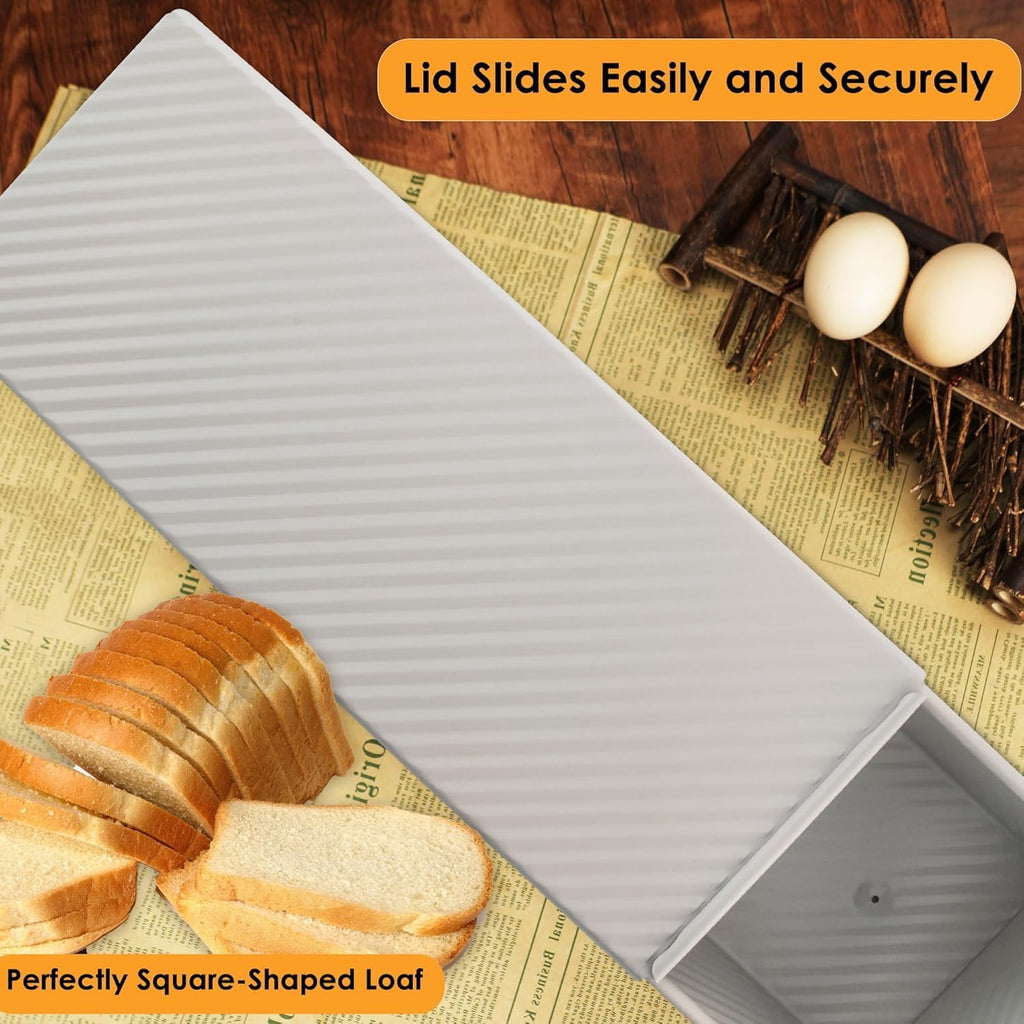 2-Pack Beige Pullman Loaf Pan with Lid, Long Nonstick Bread Pan for Toast & Sandwich Bread, Cream White Nonstick Loaf Pan, 3 Vented Holes & Ridged Design, Great for Baking Lovers and Home Use