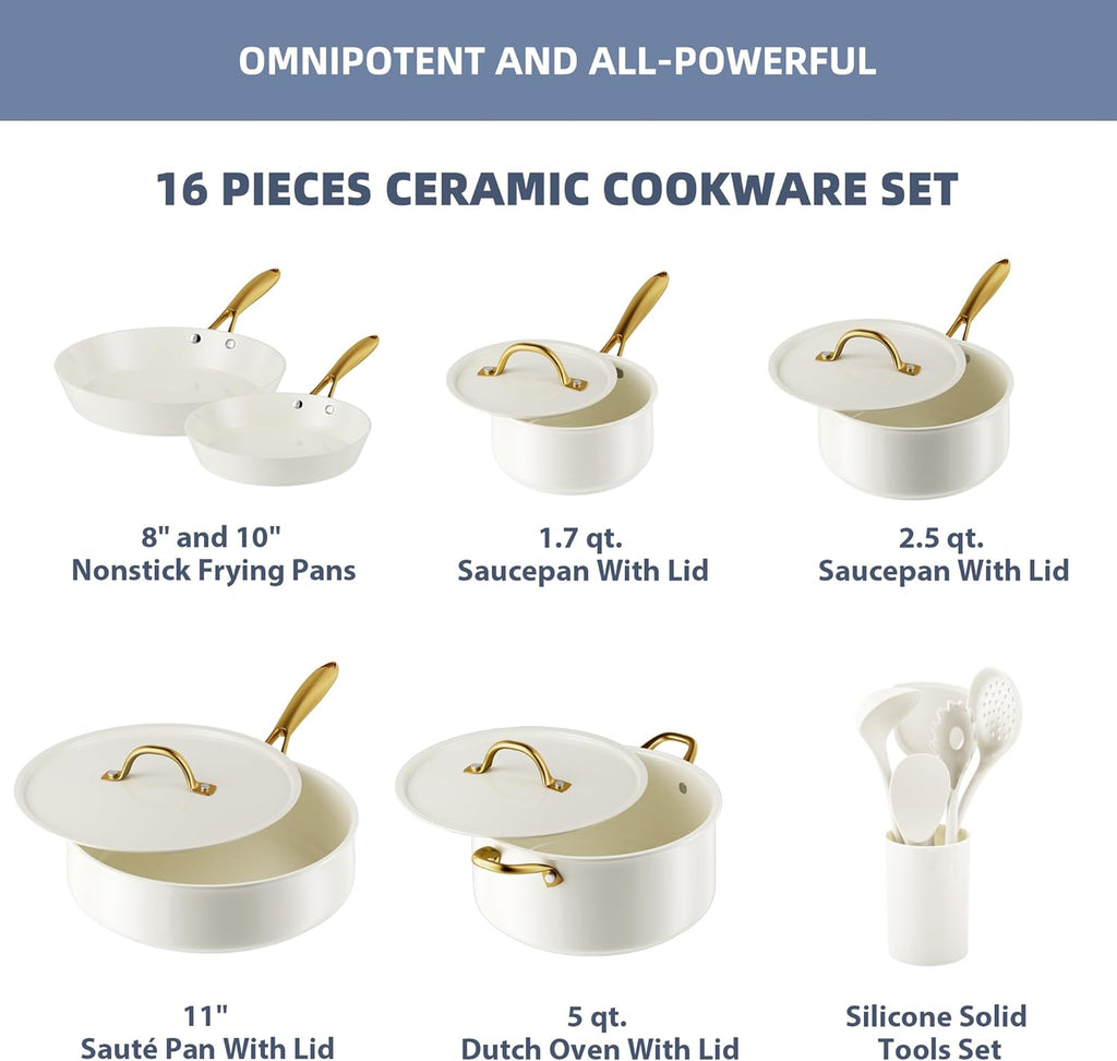 Pots and Pans Set Non Stick - VONIKI Ceramic Cookware Set with Cooking Utensils Set, Non Toxic Kitchen Cookware Sets Dutch Oven Pot with Lid Saucepan Set Sauté Pan Frying Pan Set for Cooking Gifts