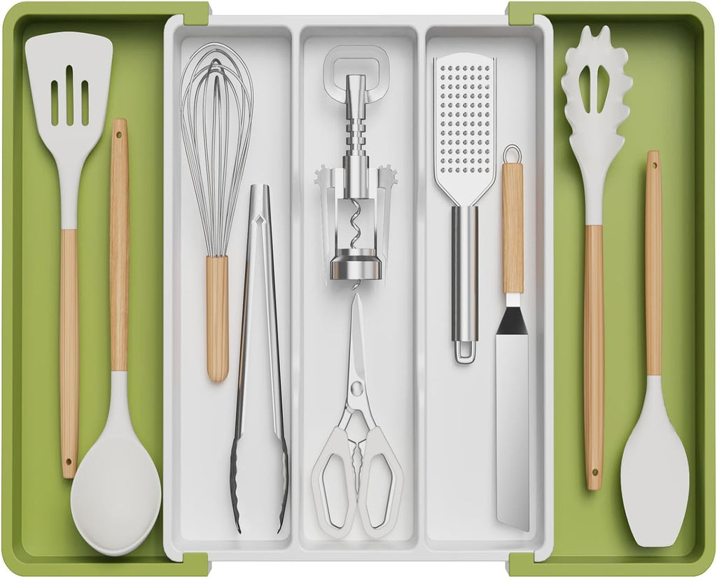 Lifewit Utensil Organizer for Kitchen Drawers, Expandable Cooking Utensil Tray, Adjustable Cutlery Silverware Flatware Holder, Spatula Tools and Gadgets Storage Divider, 13"-22.4" x 15", Green&White
