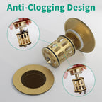 Bathroom Pop up Drain Without Overflow, Anti-Clogging Vessel Sink Drain Strainer, Pop Up Drain with Detachable Basket, Hair Catcher Bathroom Sink Drain Stopper(Brushed Gold, No Overflow)