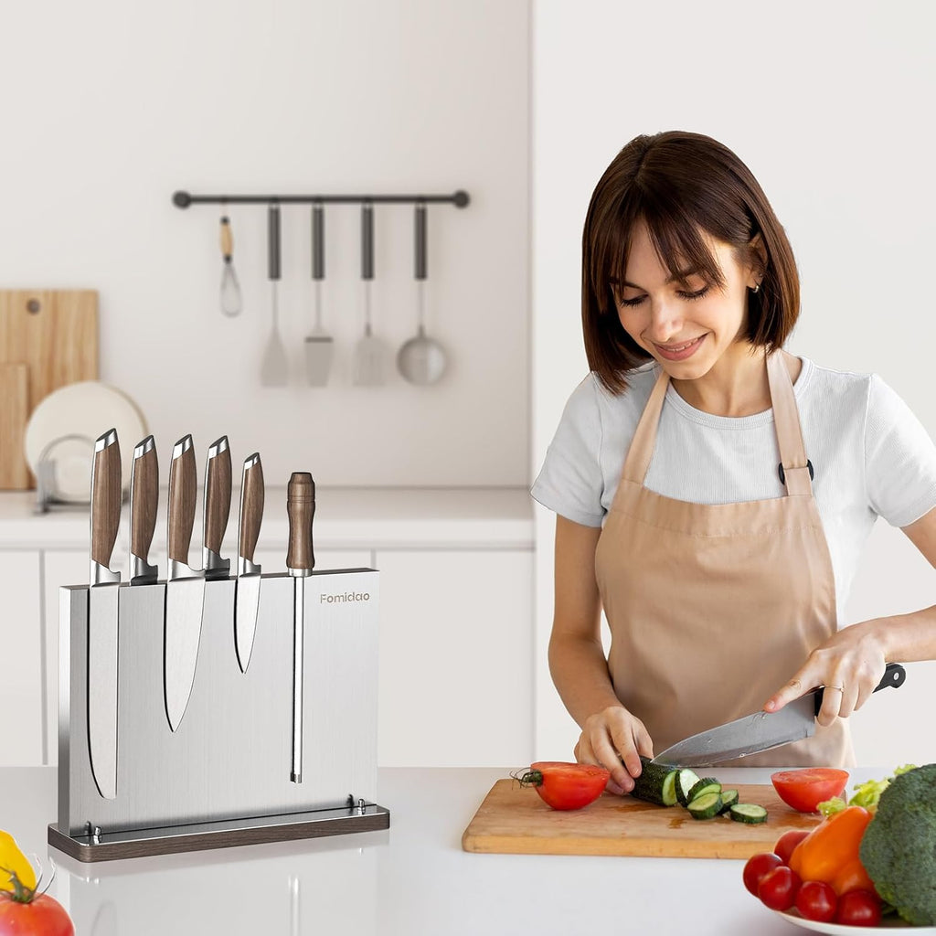 Magnetic Knife Block,Stainless Steel Magnetic Knife Holder Rack for Kitchen Counter,Strong Double Sided Magnet Knife Storage Stand with Wood Base