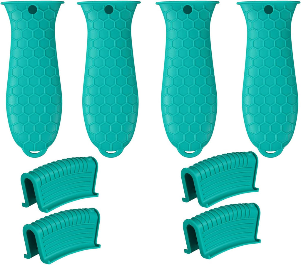 8 Pcs Non-Slip Silicone Hot Handle Holder & Assist Grips, Potholder for Cast Iron Skillets, Heat Resistant Handle Cover Sleeve for Frying Pans, Casserole, Cookware Handles, Lake Blue