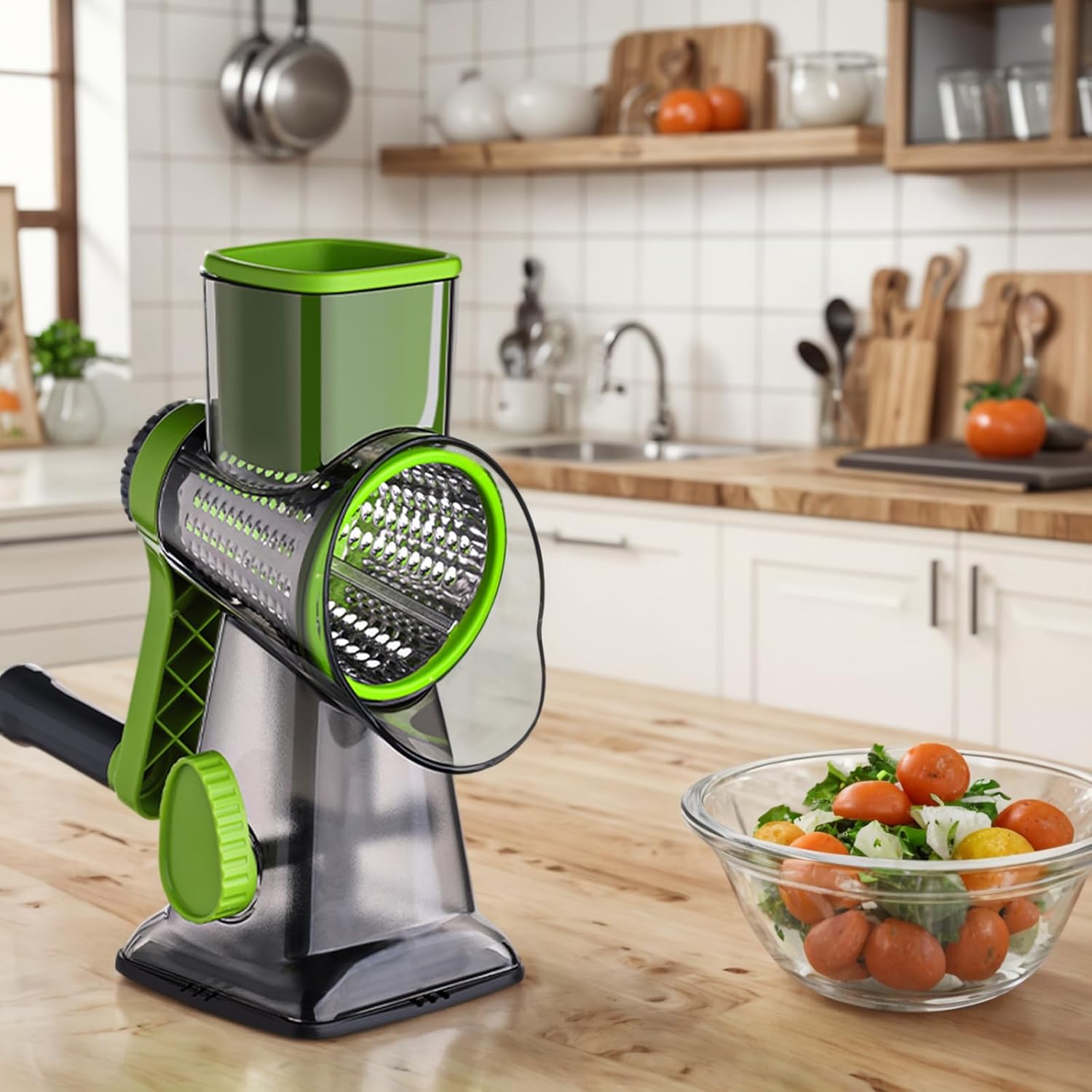 HANSGO Rotary Cheese Grater, Cheese Shredder, Labor-Saving Handle, Strong Suction Base, 3 Changeable Blades for Harder Cheeses, Vegetable, Nuts, Chocolate, Fruits, Safe & Easy to Clean