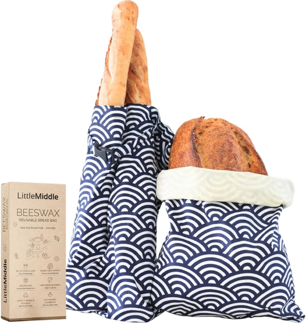 2 XL Beeswax Bread Bags for Homemade Sourdough, Produce, Sandwiches & Lunchbox Use - Reusable Bread Storage Bags, Washable (2-Pack)
