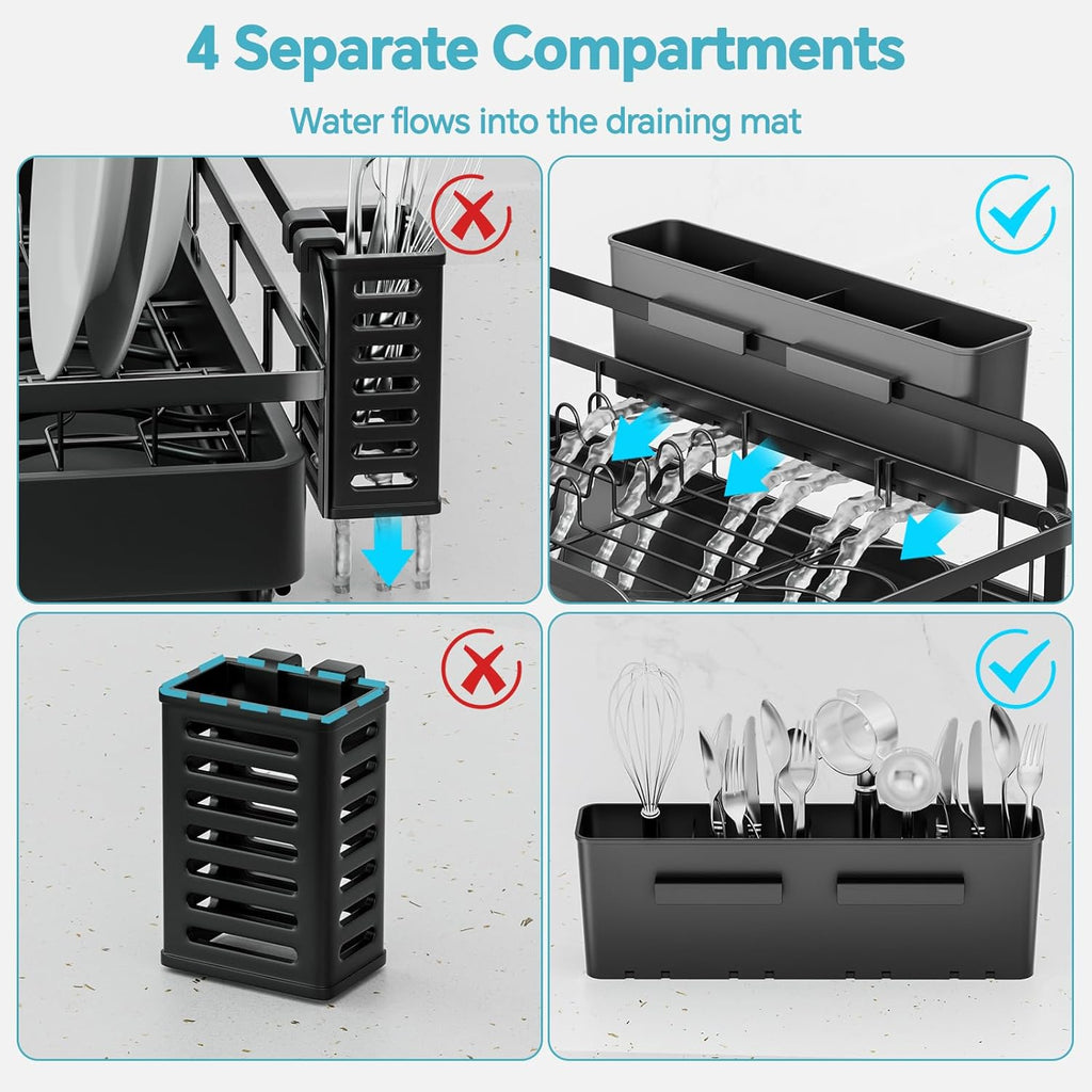 Dish Drying Rack Kitchen - Dish Racks for Kitchen Counter Space-Saving, Dish Drainer with Automatic Drain and Adjustable Spout, Dishwasher Rack with Cutlery Holder, 16.5" D x 11.6" W x 6.6" H