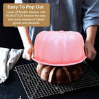 10 inch Silicone Bundt Cake Pan, Non-Stick Silicone Fluted Pans, ome Baking DIY Cake Mold for Cake, Jelly, Bread, Chocolate, Para Gelatinas (Red) (Pink, 1 Pack)