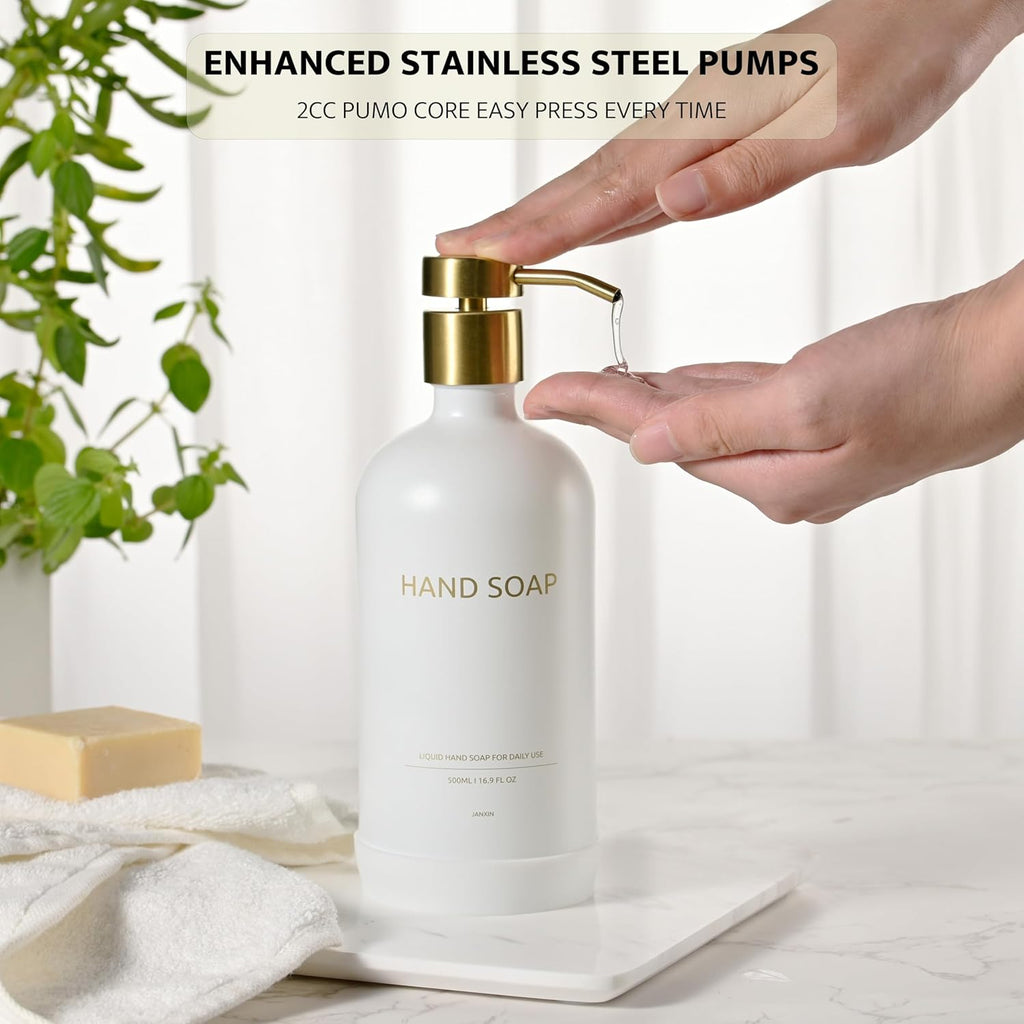 Glass Kitchen Soap Dispenser Set with Ceramic Tray,16.9 floz Hand and Dish Soap Dispenser for Kitchen and Bathroom Decor (White + Gold(Lotion))