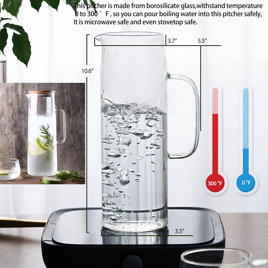 hjn Glass Pitcher with Lid Glass Water Carafe with Handle, Fridge Water Jug Cold or Hot Beverages, Iced Tea, Milk, Juice 1500ml/51oz & bamboo lid