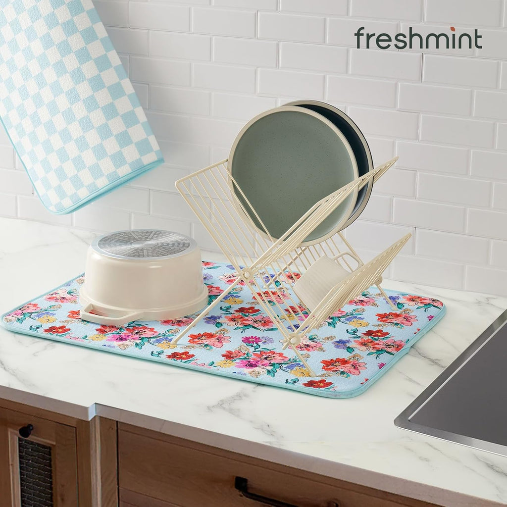 FRESHMINT Printed Dish Drying Mats for Kitchen Counter 2 Pack Absorbent Reversible Drying Mats Microfiber Kitchen Countertop Protector Dishes Drying Pad Extra Large 18"x16" Dish Mat