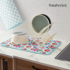 FRESHMINT Printed Dish Drying Mats for Kitchen Counter 2 Pack Absorbent Reversible Drying Mats Microfiber Kitchen Countertop Protector Dishes Drying Pad Extra Large 18"x16" Dish Mat