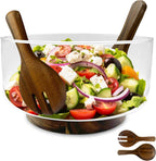 Premium Large Glass Salad Bowl Set with Acacia Wood Base and Serving Utensils - Ideal for Hosting Parties, Host Family Gatherings, and Everyday Use - Elegant, Durable, and Practical Kitchen Essential