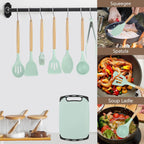 Cooking Utensils Set - 19 Piece Set with 11 Spatulas, 6 Sharp Knives, Silicone Utensils & Cutting Board (Green)