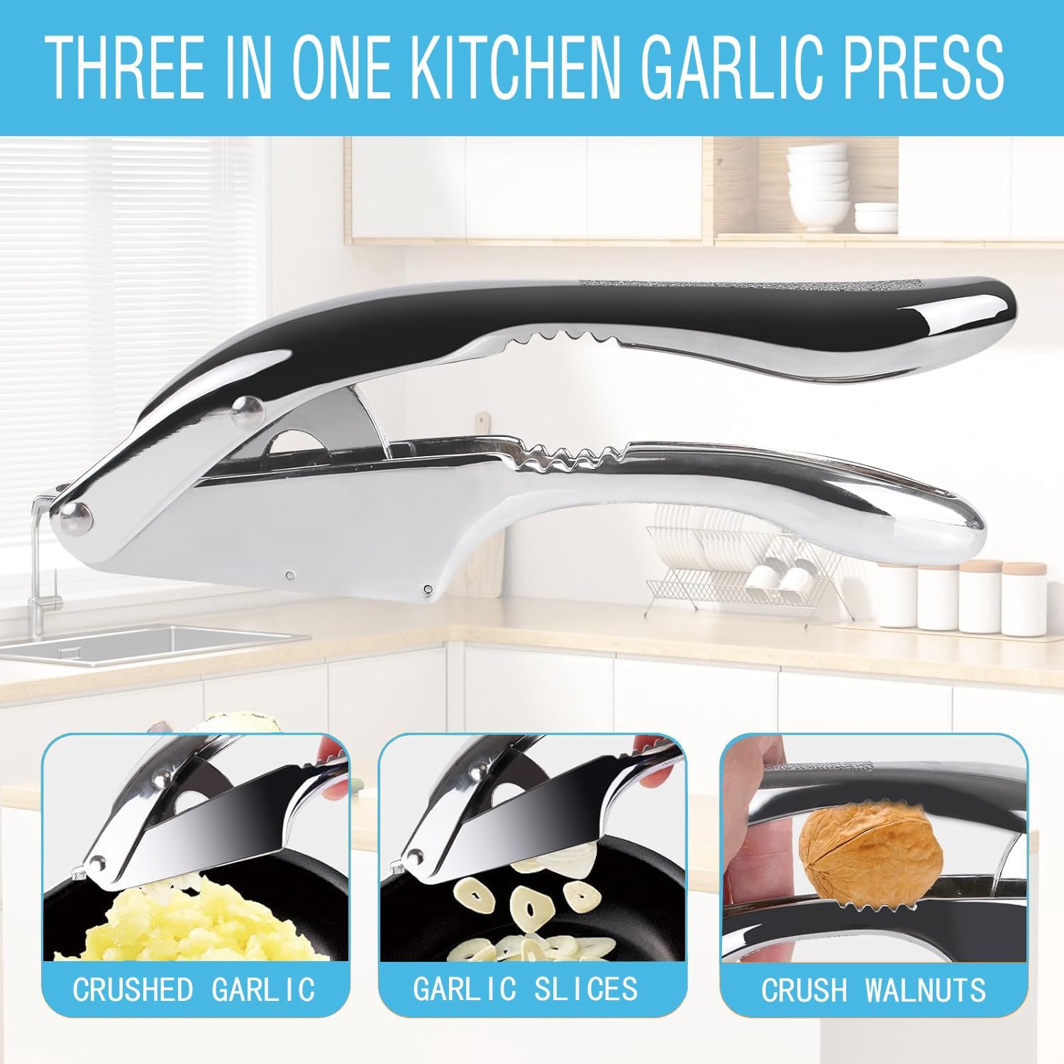 Garlic Press and Slicer 2 in 1, Rust Proof & Dishwasher Safe Professional Garlic Mincer Tool, Effortlessly Crush and Mince Garlic with this Ergonomic Handle-Garlic Peeler & Brush ANCQMI(Pear white)