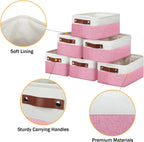 DULLEMELO Small Storage Baskets 6 Pack, Fabric Collapsible Gift Storage Baskets for Shelves, Closets, Nursery, Home, Office Organizing,Small Canvas Linen Rectangular Storage Bins (6-Pack, White&Pink)