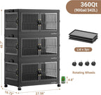 360QT Large Stackable Storage Bins with Lids, Plastic Closet Organizer and Storage Drawer, Collapsible Storage Box with Wheels, Folding Storage Cabinet with Doors for Home Kitchen, 3Pack Black