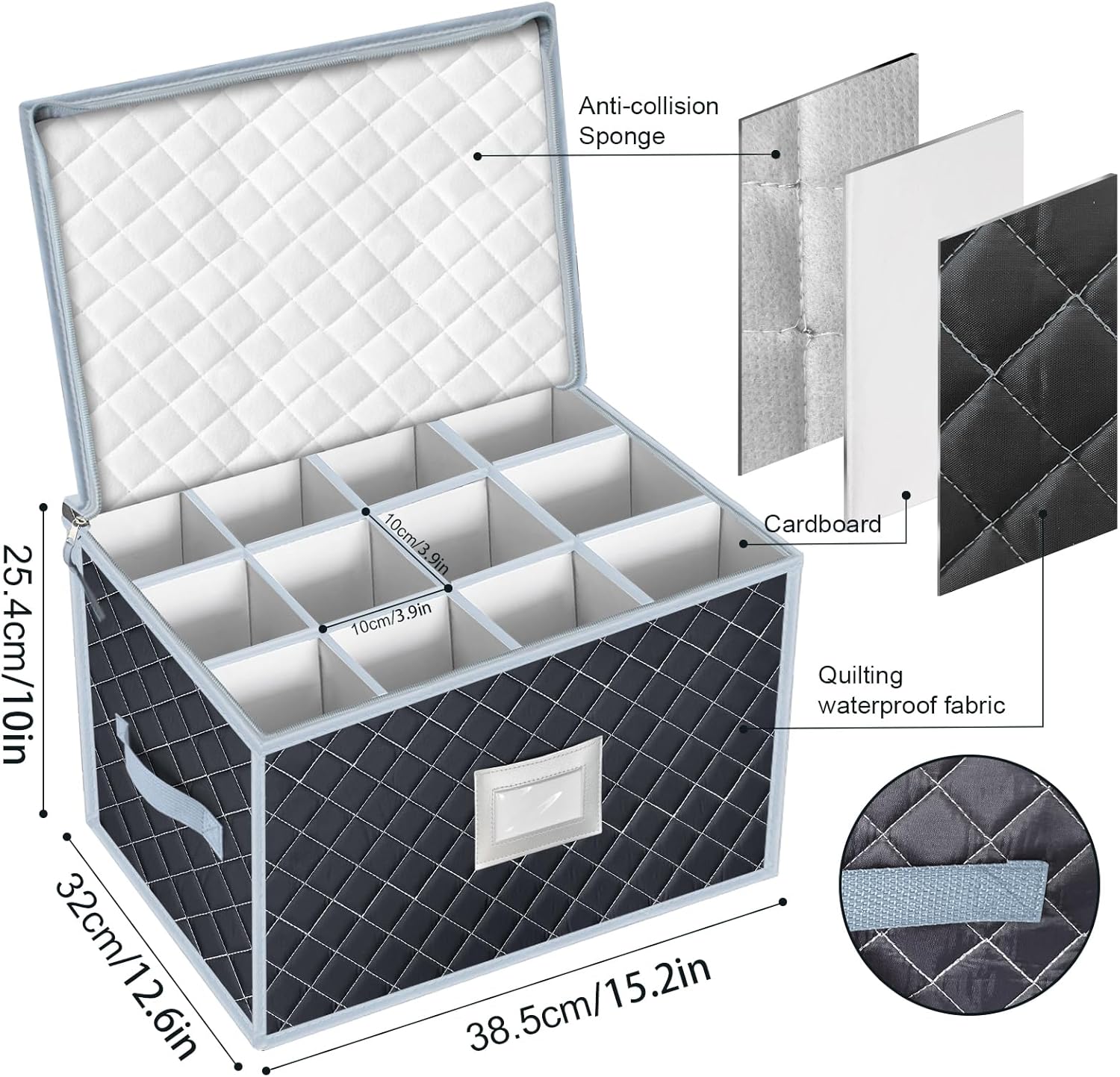 VERONLY Wine Glass Storage Box with Dividers Holds 24 Stemware Storage Cases or China Crystal Glassware Containers with Handles and Lable Window (15.5" x 12.5"x10")-Set of 2 Grey