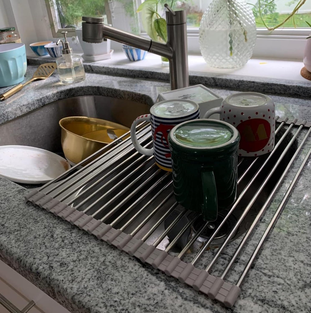Ahyuan Roll up Dish Drying Rack Over The Sink Kitchen Roll up Sink Drying Rack Stainless Still Portable Drainer Foldable Dish Rack (Warm Gray, 17.8''X13.5'')