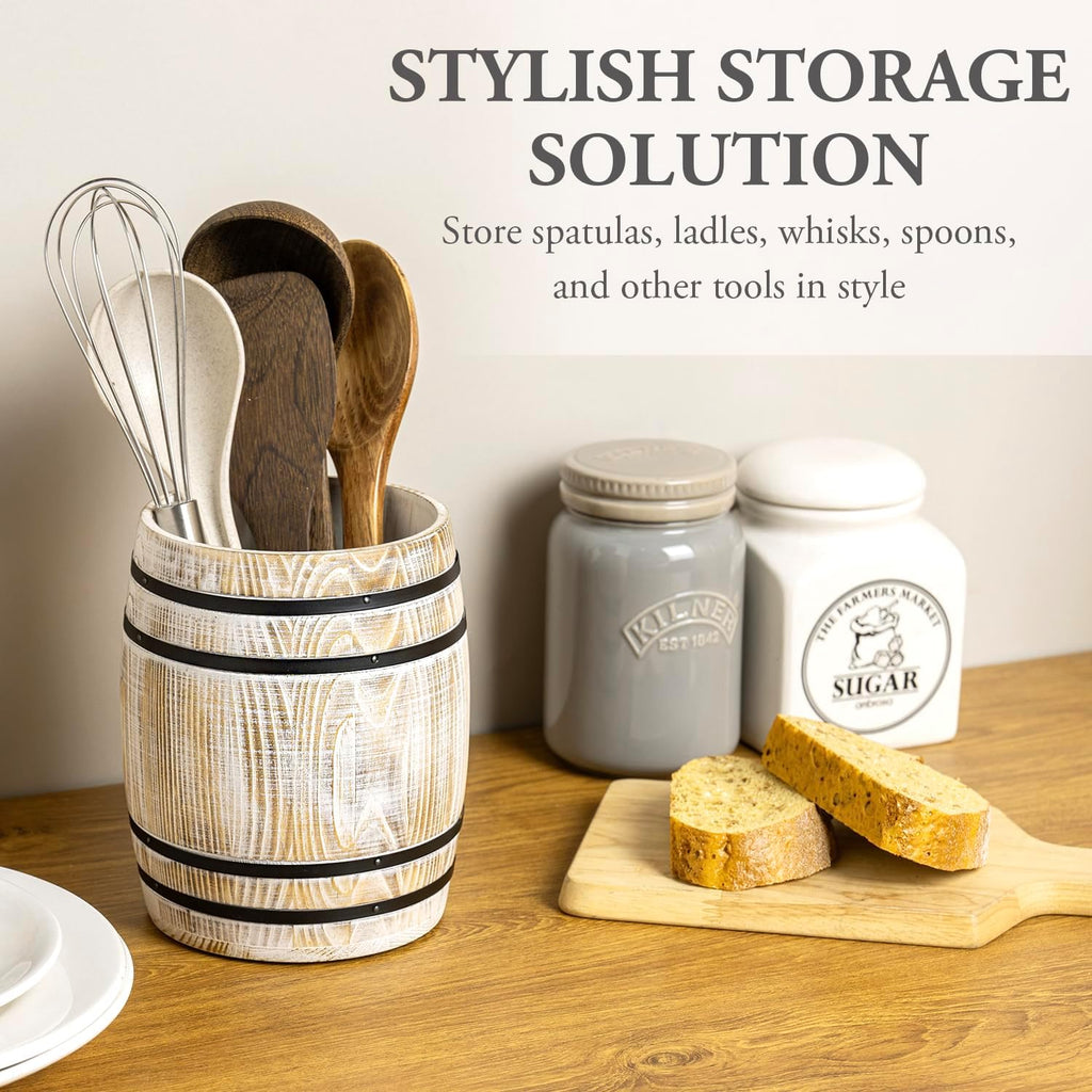 MyGift Wine Barrel Design Kitchen Utensil Holder Crock, Vintage White Washed Solid Wood Cooking Utensils Organizer
