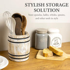 MyGift Wine Barrel Design Kitchen Utensil Holder Crock, Vintage White Washed Solid Wood Cooking Utensils Organizer