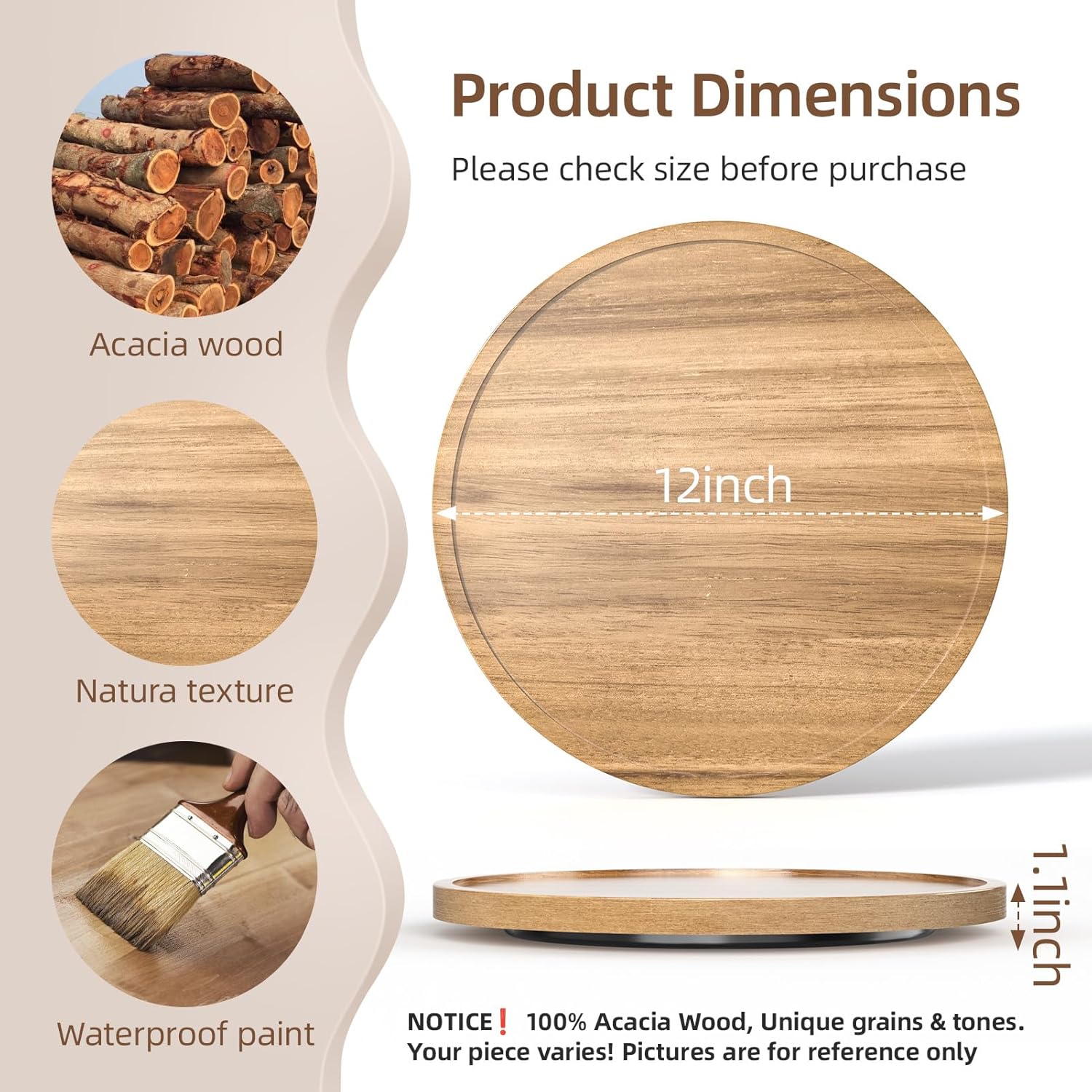 LAMU 12'' Acacia Wood Lazy Susan Organizer for Table Top, Lazy Susan Turntable for Cabinet, Kitchen, Countertop, Pantry Organization