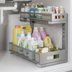 1 Pack 17IN Depth Under Sink Storage Organizer, Large 2-Tier Elegant Mesh Pull Out Shelf for Kitchen and Bathroom Cabinet Organization, L-Shaped and Adjustable Height Design-Gun Gray